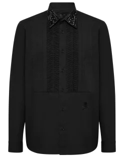 PHILIPP PLEIN Black Tie Shirt LS Strass Skull&Bones>Uomo Camicie