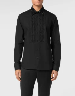 PHILIPP PLEIN Black Tie Shirt LS Strass Skull&Bones>Uomo Camicie