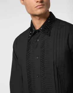 PHILIPP PLEIN Black Tie Shirt LS Strass Skull&Bones><noscript><img data-lazyloaded=