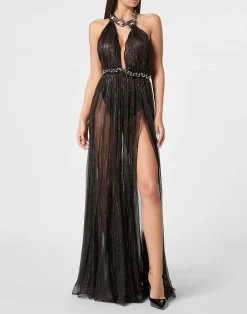 PHILIPP PLEIN Chiffon Woven Chain Long Dress>Donna Abiti E Gonne