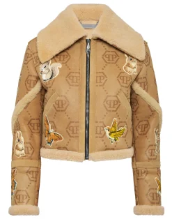 PHILIPP PLEIN Cropped Embroidered Leather and Shearling Jacket Monogram>Donna Pelle E Pellicce|Giubbotti