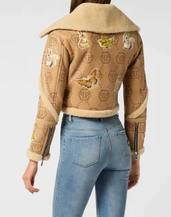 PHILIPP PLEIN Cropped Embroidered Leather and Shearling Jacket Monogram><noscript><img data-lazyloaded=