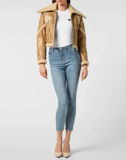 PHILIPP PLEIN Cropped Embroidered Leather and Shearling Jacket Monogram><noscript><img data-lazyloaded=
