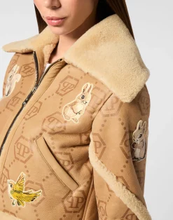 PHILIPP PLEIN Cropped Embroidered Leather and Shearling Jacket Monogram><noscript><img data-lazyloaded=