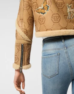 PHILIPP PLEIN Cropped Embroidered Leather and Shearling Jacket Monogram><noscript><img data-lazyloaded=