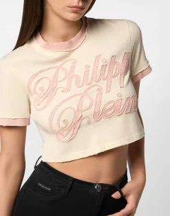 PHILIPP PLEIN Cropped Fitted T-Shirt Patch Signature><noscript><img data-lazyloaded=