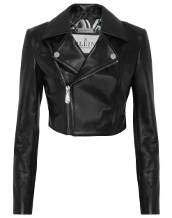 PHILIPP PLEIN Cropped Leather Biker Jacket LS Flame Racing>Donna Pelle E Pellicce|Giubbotti