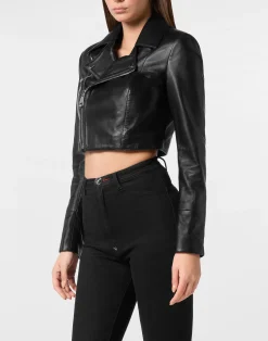PHILIPP PLEIN Cropped Leather Biker Jacket LS Flame Racing>Donna Pelle E Pellicce|Giubbotti