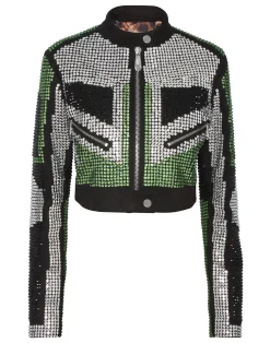 PHILIPP PLEIN Cropped Leather Biker Jacket Strass>Donna Pelle E Pellicce|Giubbotti