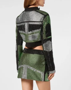 PHILIPP PLEIN Cropped Leather Biker Jacket Strass><noscript><img data-lazyloaded=