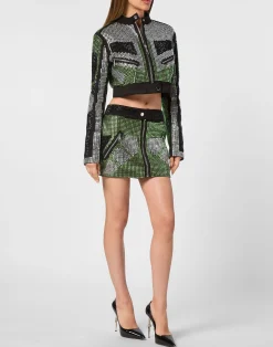 PHILIPP PLEIN Cropped Leather Biker Jacket Strass><noscript><img data-lazyloaded=