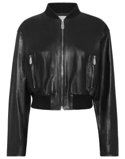 PHILIPP PLEIN Cropped Leather Bomber Embossed Signature>Donna Pelle E Pellicce|Giubbotti