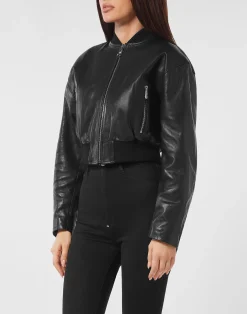 PHILIPP PLEIN Cropped Leather Bomber Embossed Signature>Donna Pelle E Pellicce|Giubbotti