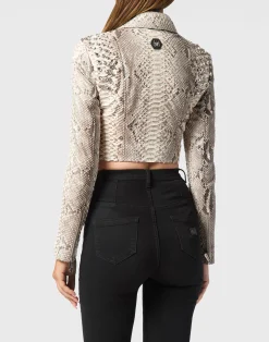 PHILIPP PLEIN Cropped Leather Biker Jacket LS Flame><noscript><img data-lazyloaded=