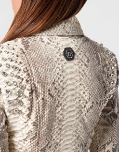 PHILIPP PLEIN Cropped Leather Biker Jacket LS Flame><noscript><img data-lazyloaded=