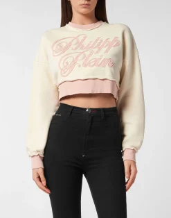 PHILIPP PLEIN Cropped Round Neck Sweatshirt Patch Signature>Donna T-Shirt & Polo|Activewear
