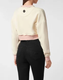 PHILIPP PLEIN Cropped Round Neck Sweatshirt Patch Signature><noscript><img data-lazyloaded=