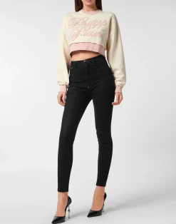 PHILIPP PLEIN Cropped Round Neck Sweatshirt Patch Signature><noscript><img data-lazyloaded=