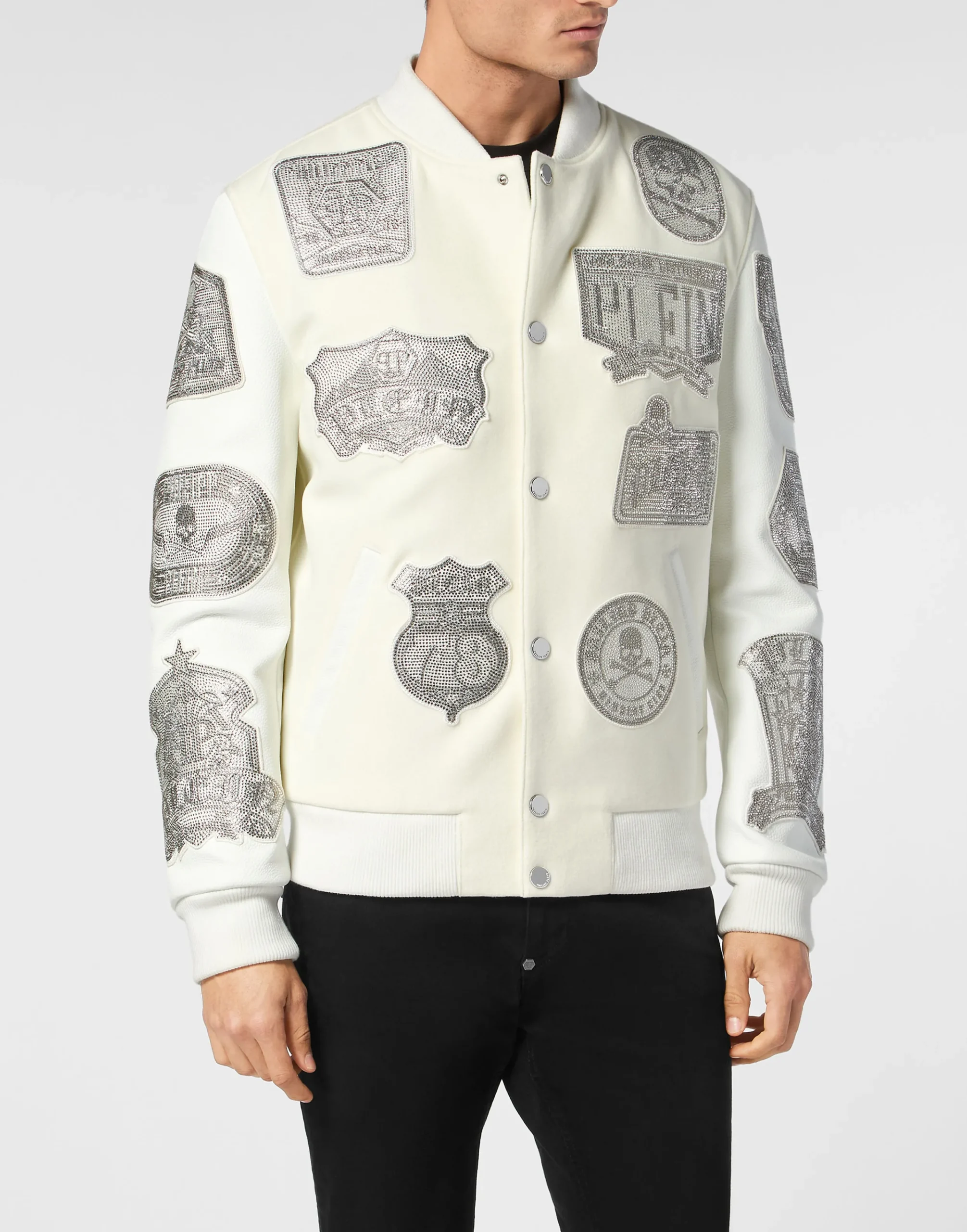 PHILIPP PLEIN Crystal College Bomber With Leather Sleeves Patches>Uomo Giacche E Cappotti