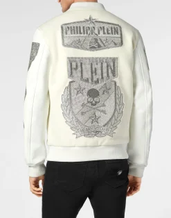PHILIPP PLEIN Crystal College Bomber With Leather Sleeves Patches><noscript><img data-lazyloaded=