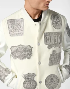 PHILIPP PLEIN Crystal College Bomber With Leather Sleeves Patches><noscript><img data-lazyloaded=