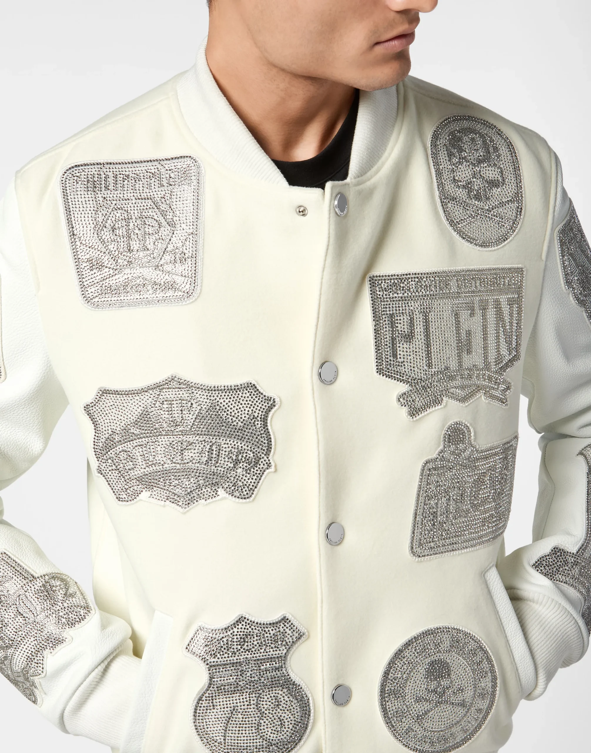 PHILIPP PLEIN Crystal College Bomber With Leather Sleeves Patches>Uomo Giacche E Cappotti