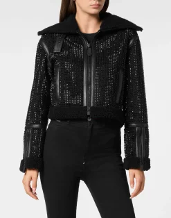 PHILIPP PLEIN Crystal Shearling Cropped Jacket>Donna Giubbotti