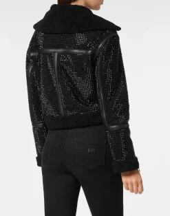 PHILIPP PLEIN Crystal Shearling Cropped Jacket><noscript><img data-lazyloaded=