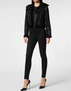 PHILIPP PLEIN Crystal Shearling Cropped Jacket><noscript><img data-lazyloaded=