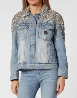 PHILIPP PLEIN Crystal Stones Denim Oversize Jacket with Stones>Donna Giubbotti