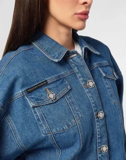 PHILIPP PLEIN Denim Cropped Jacket Crystal Fringes><noscript><img data-lazyloaded=