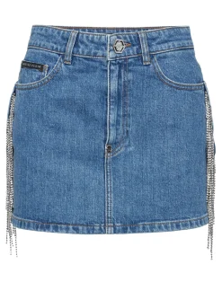 PHILIPP PLEIN Denim Mini Skirt Crystal Fringes>Donna Abiti E Gonne