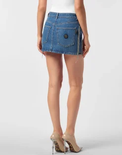 PHILIPP PLEIN Denim Mini Skirt Crystal Fringes><noscript><img data-lazyloaded=
