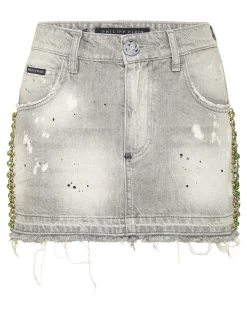 PHILIPP PLEIN Denim Mini Skirt Rib Strass>Donna Abiti E Gonne