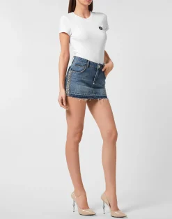 PHILIPP PLEIN Denim Mini Skirt Rib Strass><noscript><img data-lazyloaded=