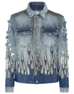 PHILIPP PLEIN Denim Oversize Jacket LS Strass Flame>Uomo Giacche E Cappotti|Denim