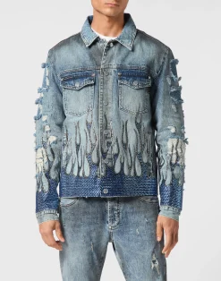 PHILIPP PLEIN Denim Oversize Jacket LS Strass Flame>Uomo Giacche E Cappotti|Denim