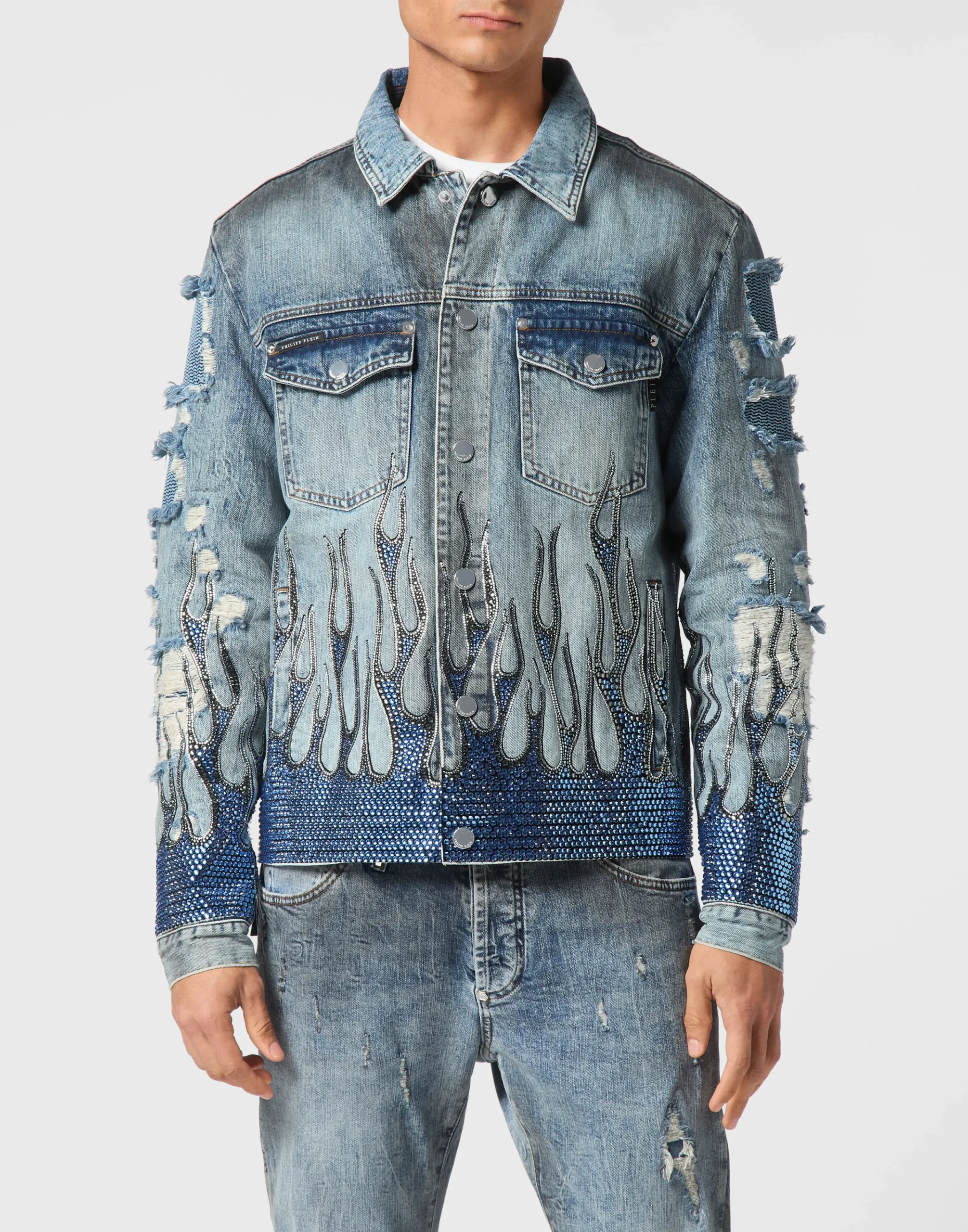 PHILIPP PLEIN Denim Oversize Jacket LS Strass Flame>Uomo Giacche E Cappotti|Denim