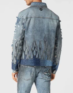 PHILIPP PLEIN Denim Oversize Jacket LS Strass Flame><noscript><img data-lazyloaded=