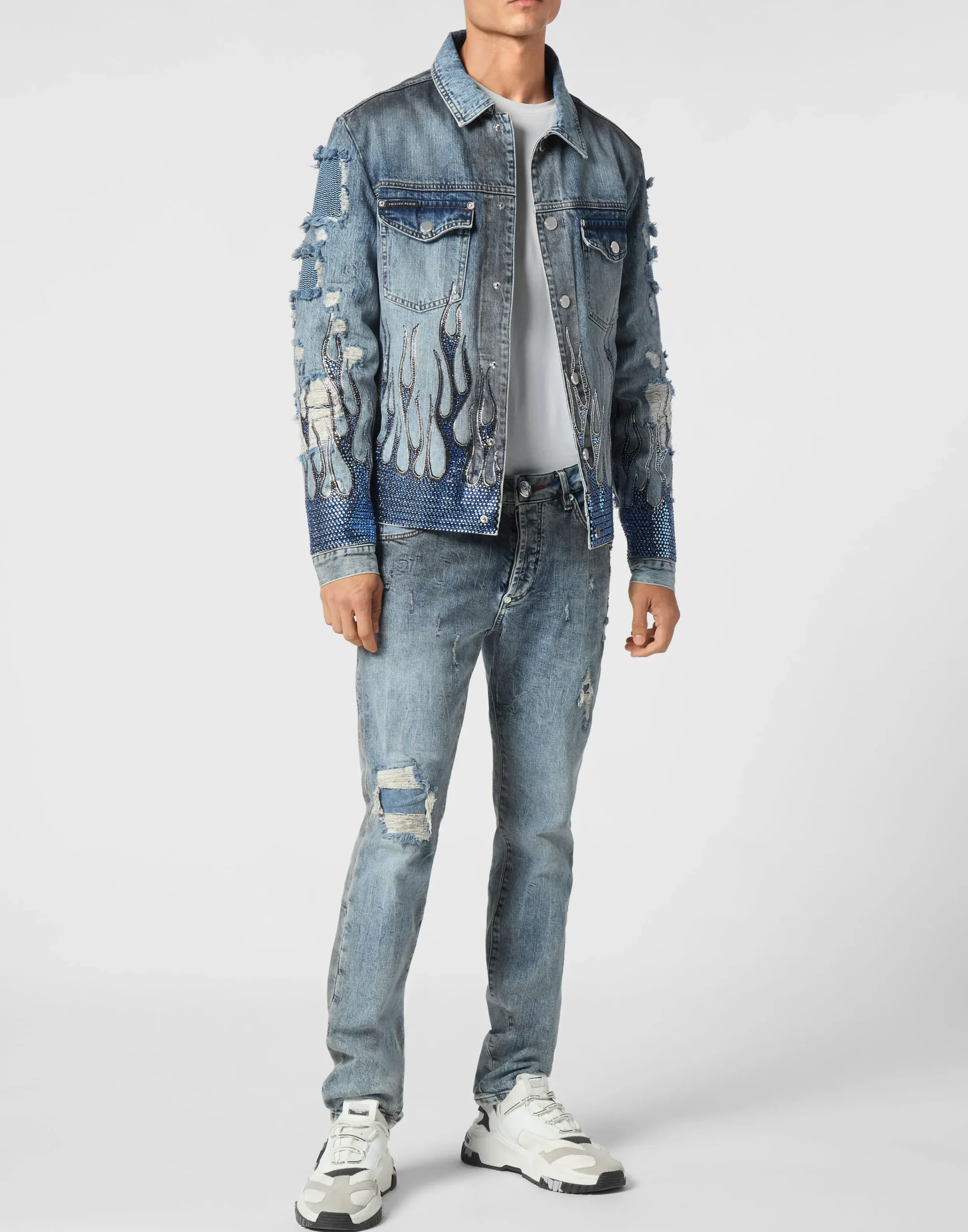 PHILIPP PLEIN Denim Oversize Jacket LS Strass Flame>Uomo Giacche E Cappotti|Denim