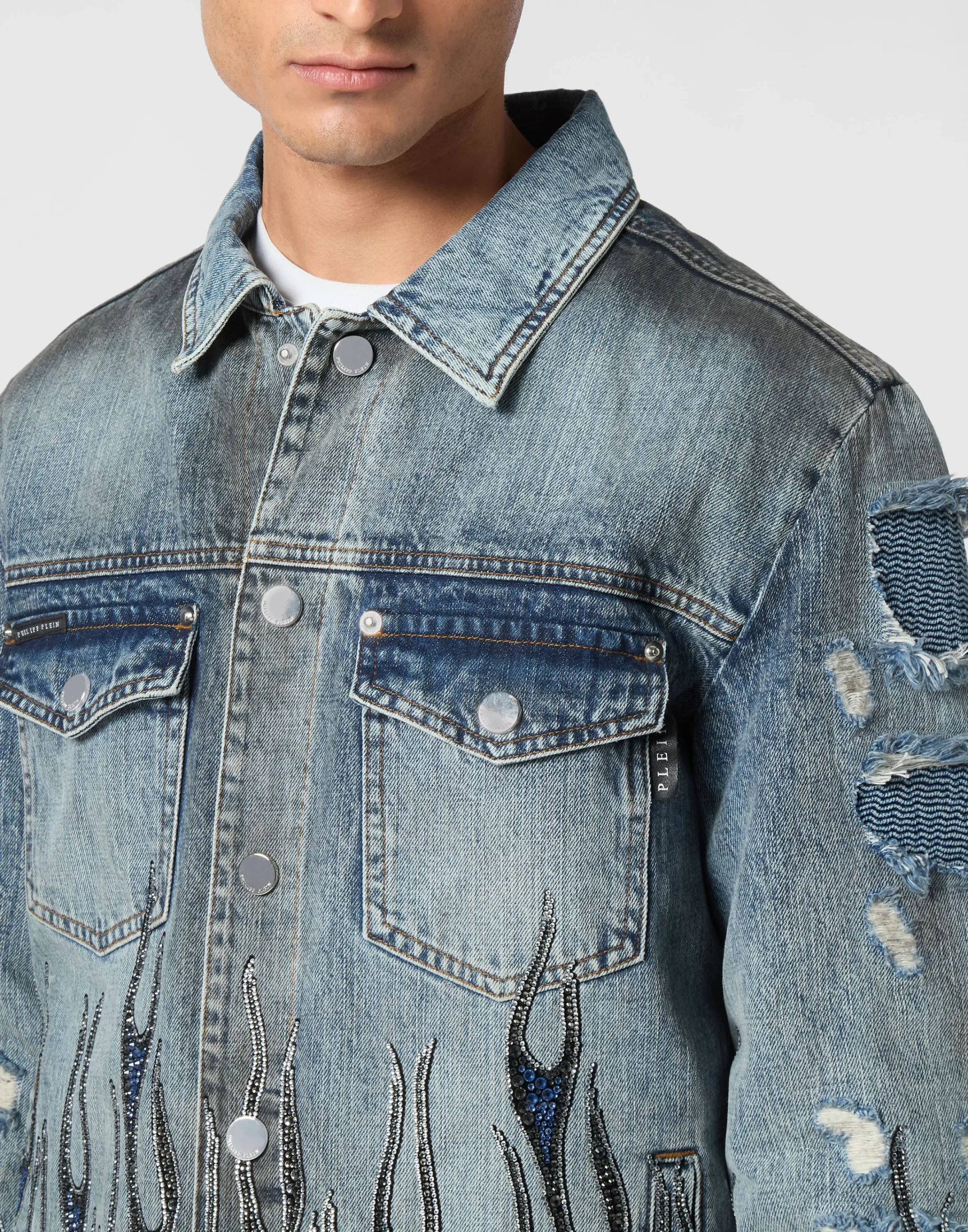 PHILIPP PLEIN Denim Oversize Jacket LS Strass Flame>Uomo Giacche E Cappotti|Denim