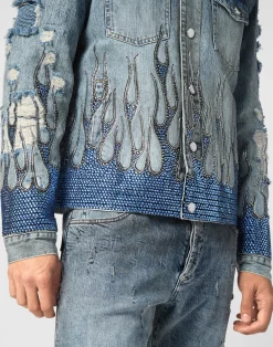 PHILIPP PLEIN Denim Oversize Jacket LS Strass Flame><noscript><img data-lazyloaded=