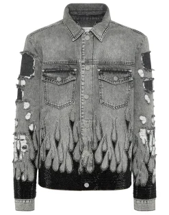 PHILIPP PLEIN Denim Oversize Jacket LS Strass Flame>Uomo Giacche E Cappotti|Denim