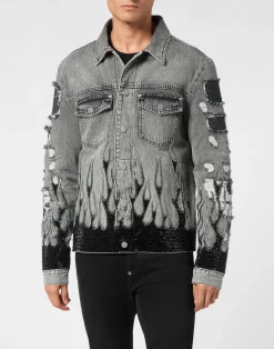 PHILIPP PLEIN Denim Oversize Jacket LS Strass Flame>Uomo Giacche E Cappotti|Denim