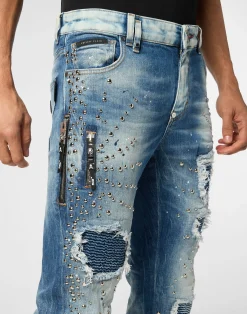 PHILIPP PLEIN Denim Rock Star Fit Trousers Studs><noscript><img data-lazyloaded=