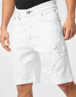 PHILIPP PLEIN Denim Shorts Formentera Distressed><noscript><img data-lazyloaded=