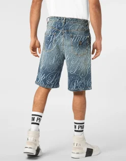 PHILIPP PLEIN Denim Shorts Formentera Logo><noscript><img data-lazyloaded=