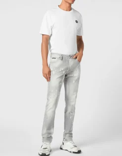 PHILIPP PLEIN Denim Super Straight Cut Trousers Racing Club><noscript><img data-lazyloaded=