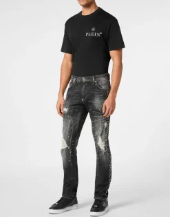 PHILIPP PLEIN Denim Super Straight Cut Trousers Studs><noscript><img data-lazyloaded=