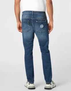 PHILIPP PLEIN Denim Super Straight Cut Fit Trousers Hexagon><noscript><img data-lazyloaded=